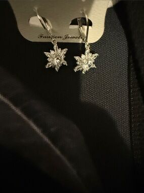 Silver Snowflake Drop Earrings - White Crystal Accent